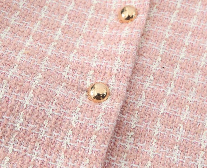 Long-Sleeve Round Neck Tweed Cropped Button Up Jacket / High Waist Tweed Shorts