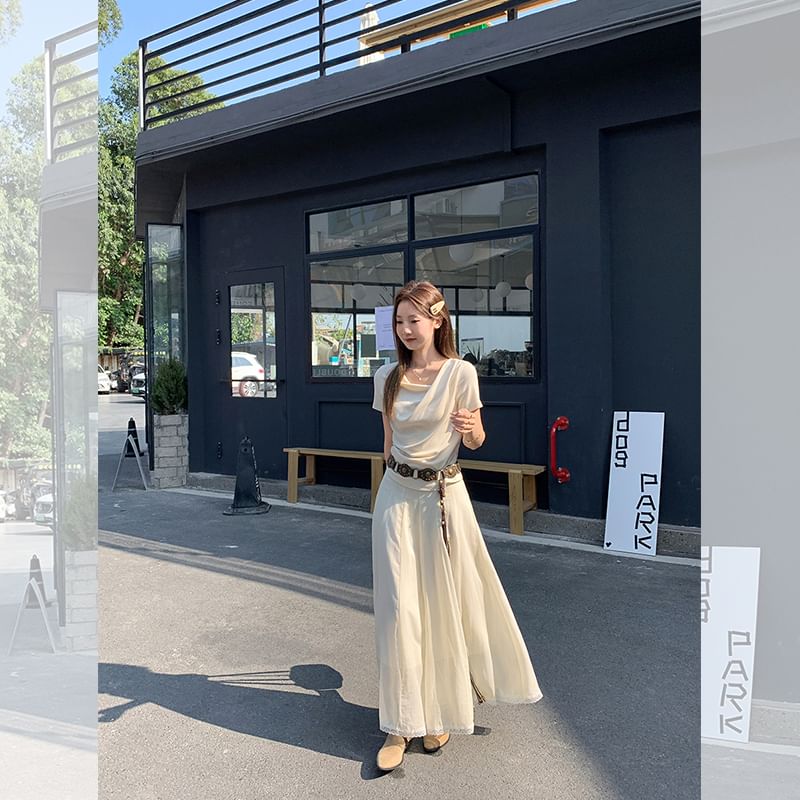 Slim Cowl Short-Sleeve Neck Ruched T-Shirt Fit Plain