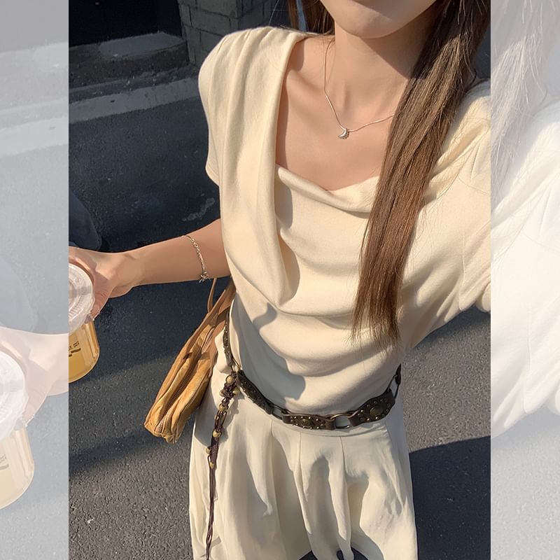 Slim Cowl Short-Sleeve Neck Ruched T-Shirt Fit Plain