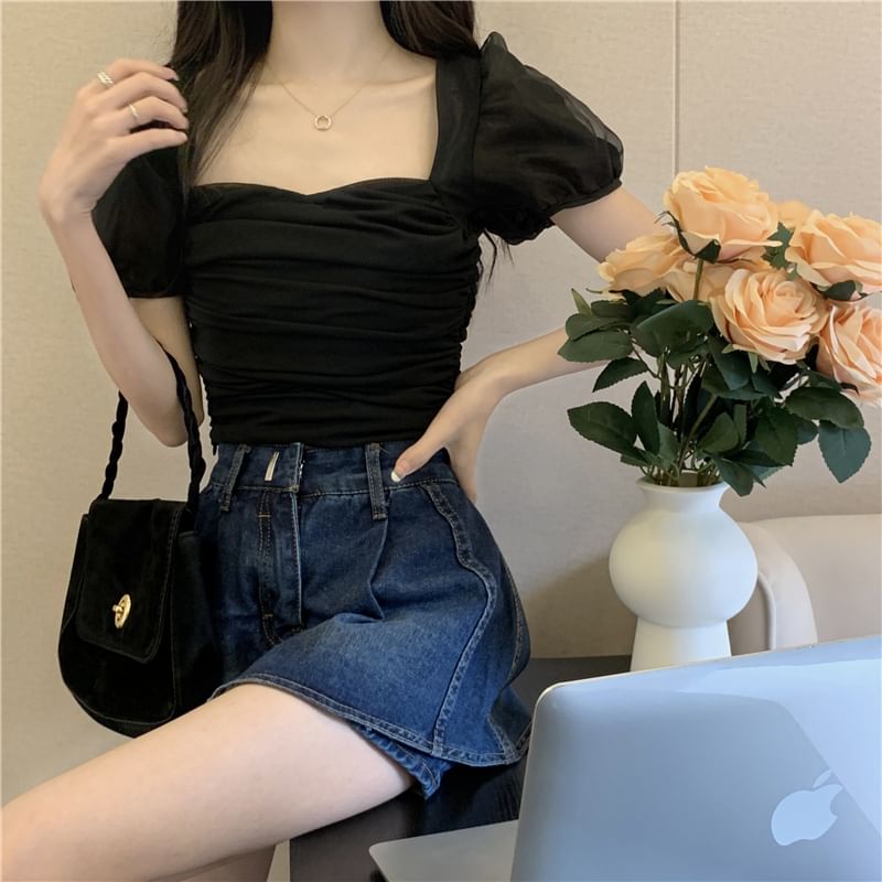Fit Ruched Plain Slim Puff-Sleeve Top Crop
