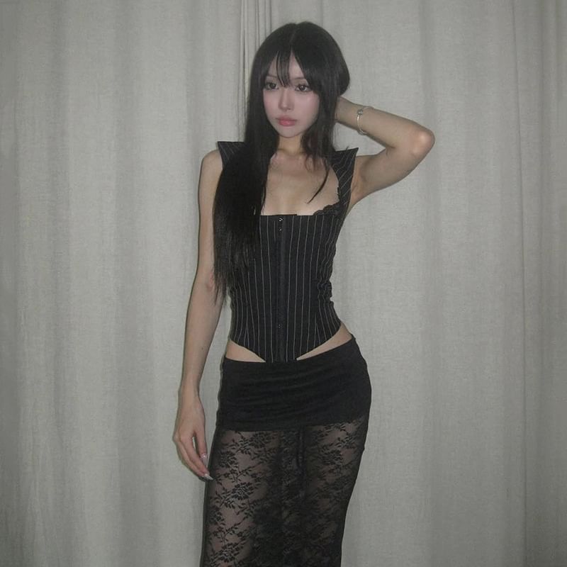 Striped Corset Halter Tank with Lace Trim - LaceLux