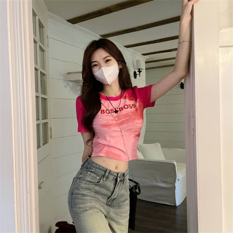 Slim Lettering Fit Round Neck T-Shirt Crop Short-Sleeve Raglan