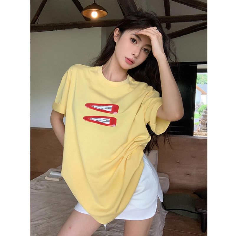 Short-Sleeve Oversized Round T-Shirt Neck Print