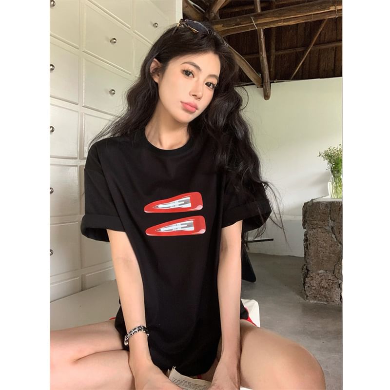 Short-Sleeve Oversized Round T-Shirt Neck Print