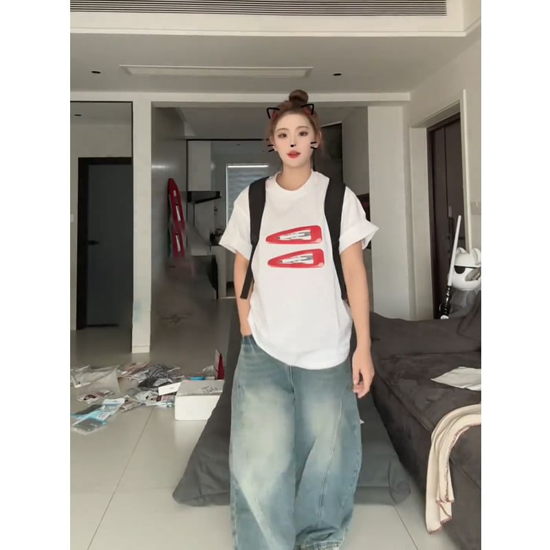 Short-Sleeve Oversized Round T-Shirt Neck Print