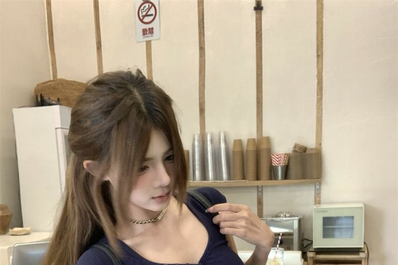 T-Shirt Plain Crop Henley Fit Slim Short-Sleeve