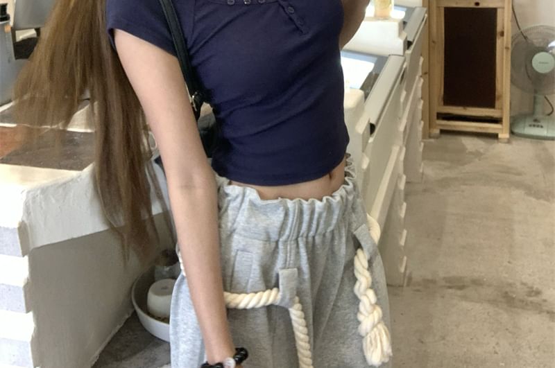 T-Shirt Plain Crop Henley Fit Slim Short-Sleeve