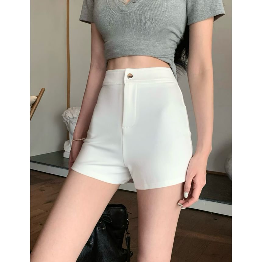 Slim High Shorts Waist / V-Neck Tee Fit Mock Short-Sleeve Lace Two-Piece Plain Trim