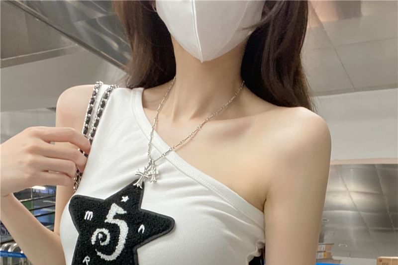Star Slim Fit Tank Applique Top One-Shoulder