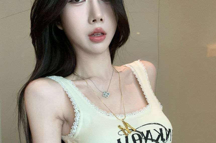 Trim Fit Square Crop Lettering Top Neck Tank Lace Slim