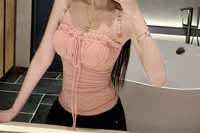 Bow Top Panel Camisole Slim Fit Halter Beaded Lace