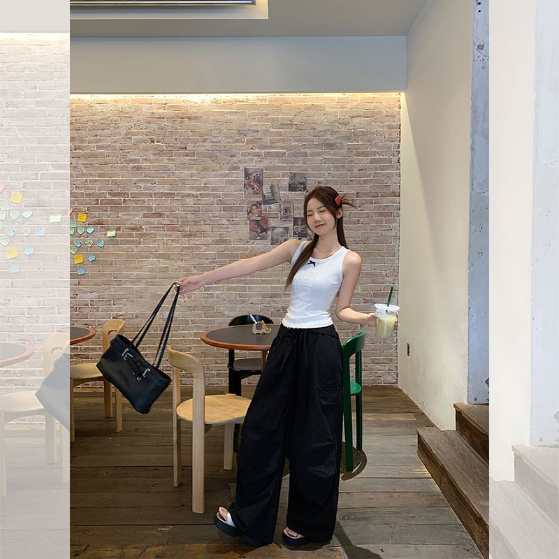 Neck Bow Fit Lace Panel Top Crew Tank Slim