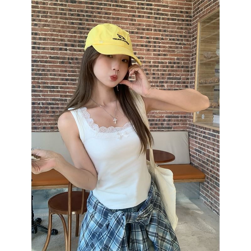 Neck Lace Fit Plain Top Tank Trim Slim Bow Square