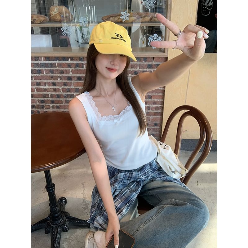 Neck Lace Fit Plain Top Tank Trim Slim Bow Square