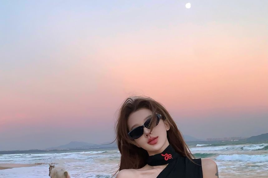 Print One-Shoulder Halter Fit Slim Tank Top Snake