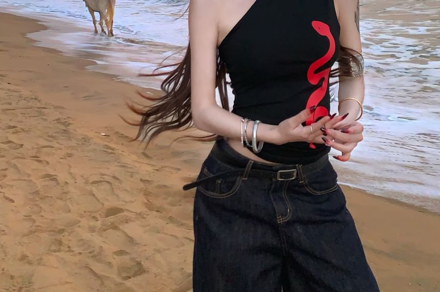 Top One-Shoulder Slim Print Fit Halter Tank Snake