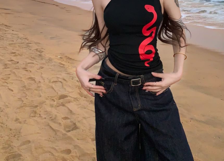 Top One-Shoulder Slim Print Fit Halter Tank Snake