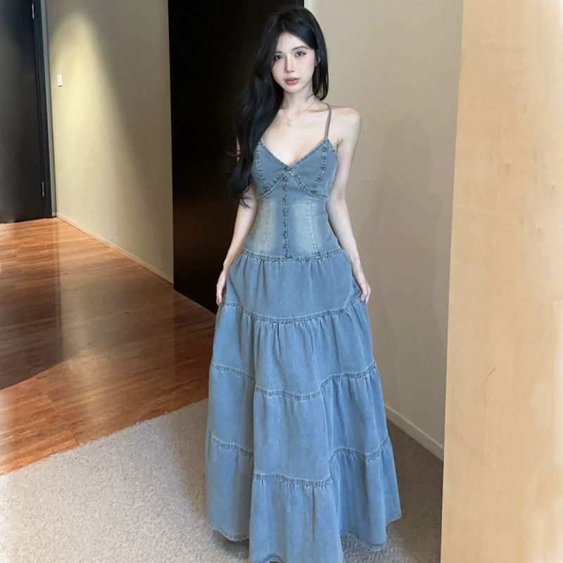 Washed Denim Maxi A-Line Dress with Tiered Button Front