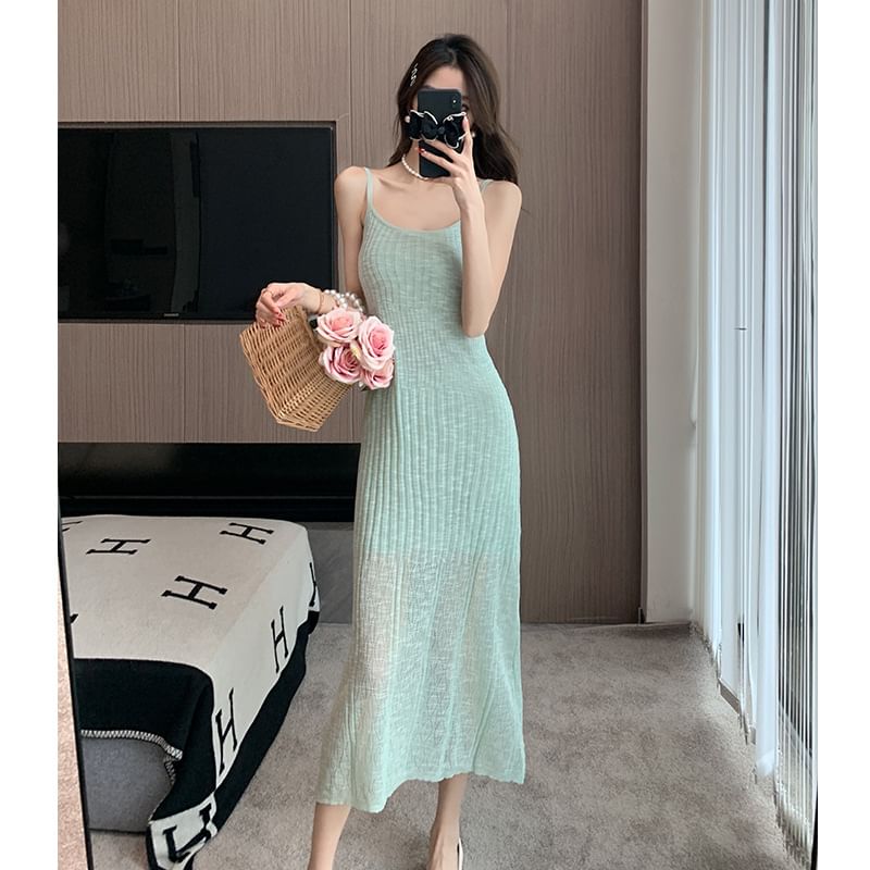 Knit Midi A-Line Dress with Thin Straps