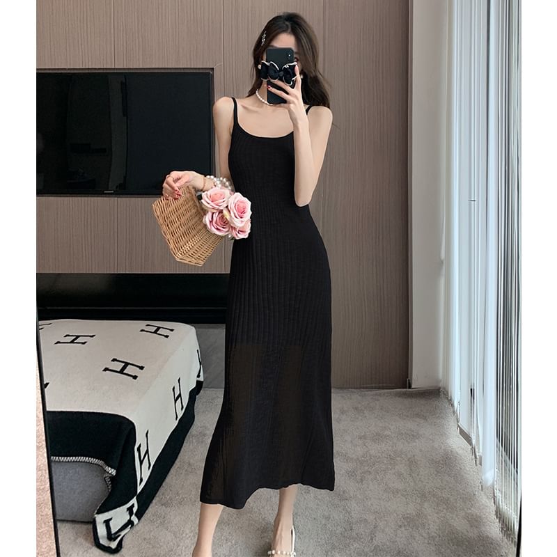 Knit Midi A-Line Dress with Thin Straps