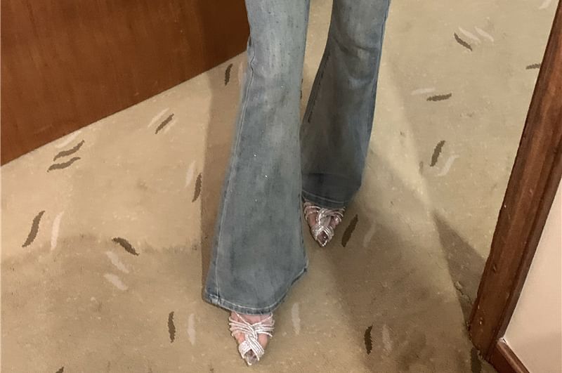 Washed Bootcut Rise Mid Trim Jeans Rhinestone
