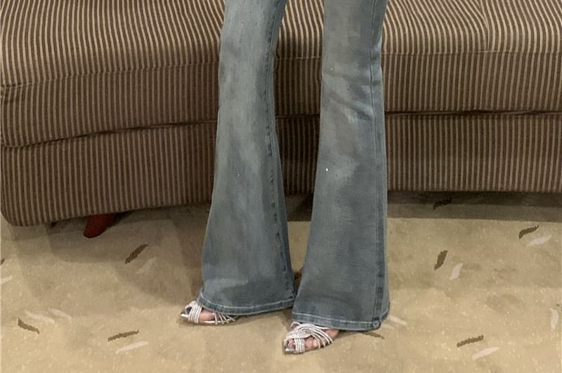 Washed Bootcut Rise Mid Trim Jeans Rhinestone