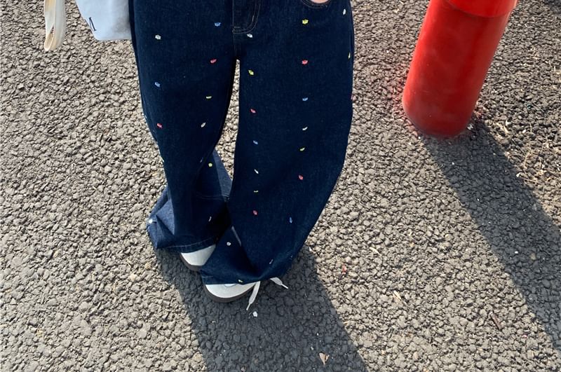 Waist Wide Floral Jeans Leg High Embroidered