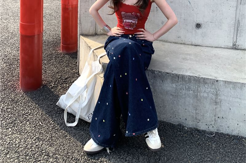 Waist Wide Floral Jeans Leg High Embroidered