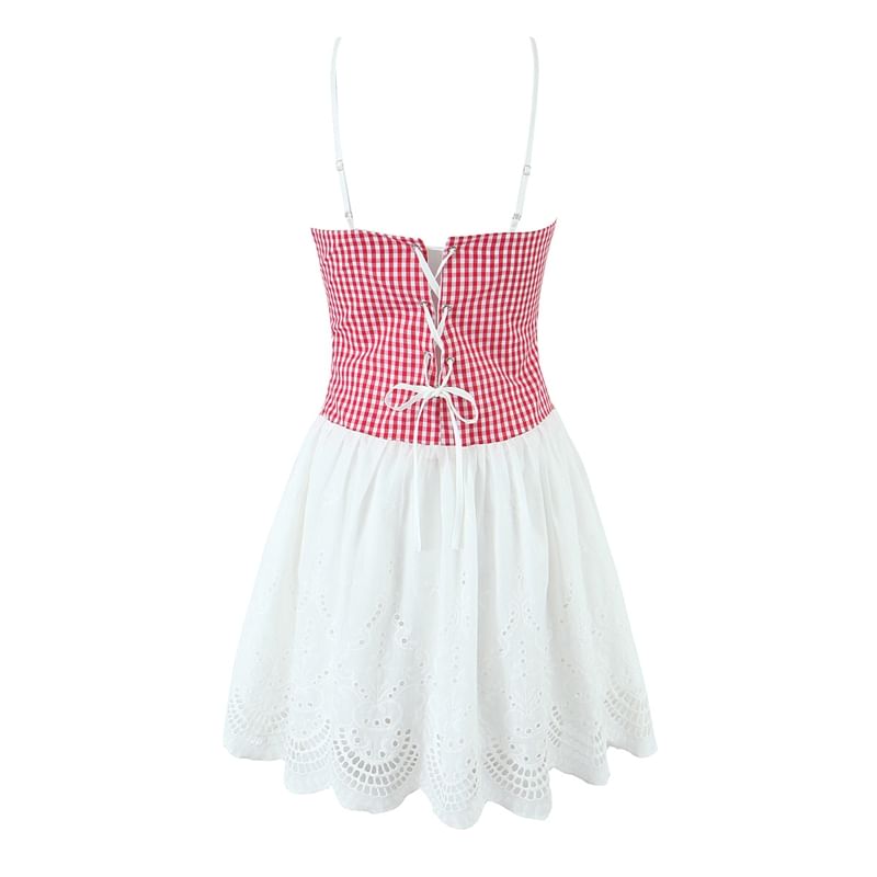 Plaid Panel Mini A-Line Corset Dress with Thin Straps