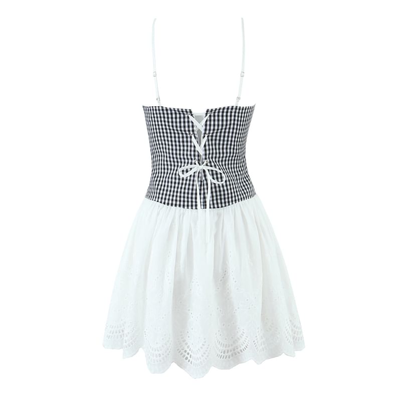 Plaid Panel Mini A-Line Corset Dress with Thin Straps