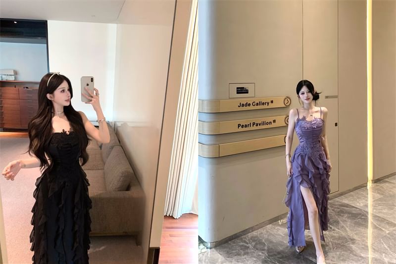 Ruffle Plain Lace Strap Slit Ruched Maxi A-Line Panel Spaghetti Dress