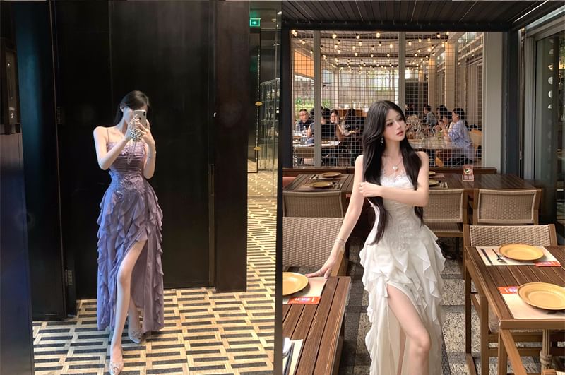 Ruffle Plain Lace Strap Slit Ruched Maxi A-Line Panel Spaghetti Dress