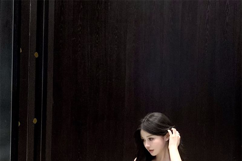 Ruffle Plain Lace Strap Slit Ruched Maxi A-Line Panel Spaghetti Dress