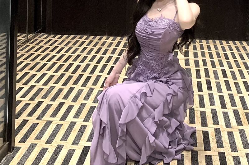 Ruffle Plain Lace Strap Slit Ruched Maxi A-Line Panel Spaghetti Dress