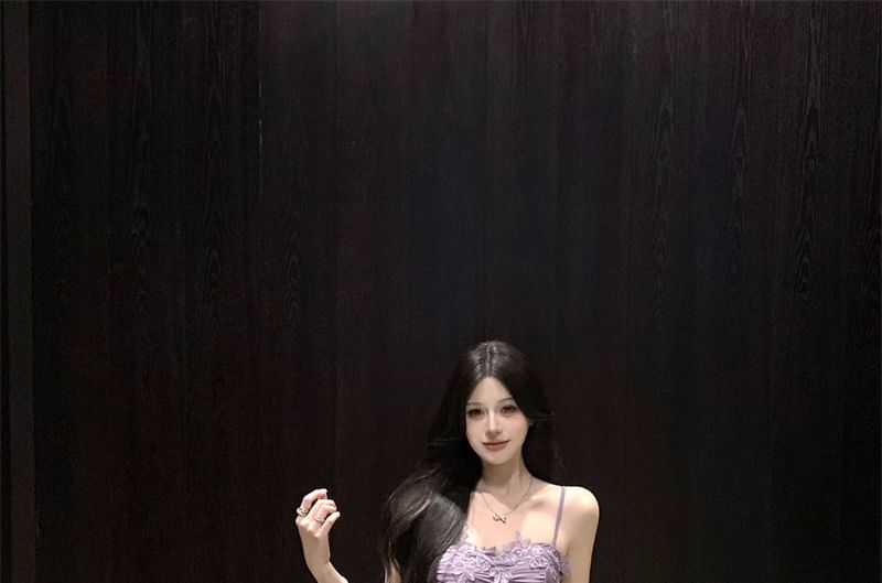 Ruffle Plain Lace Strap Slit Ruched Maxi A-Line Panel Spaghetti Dress