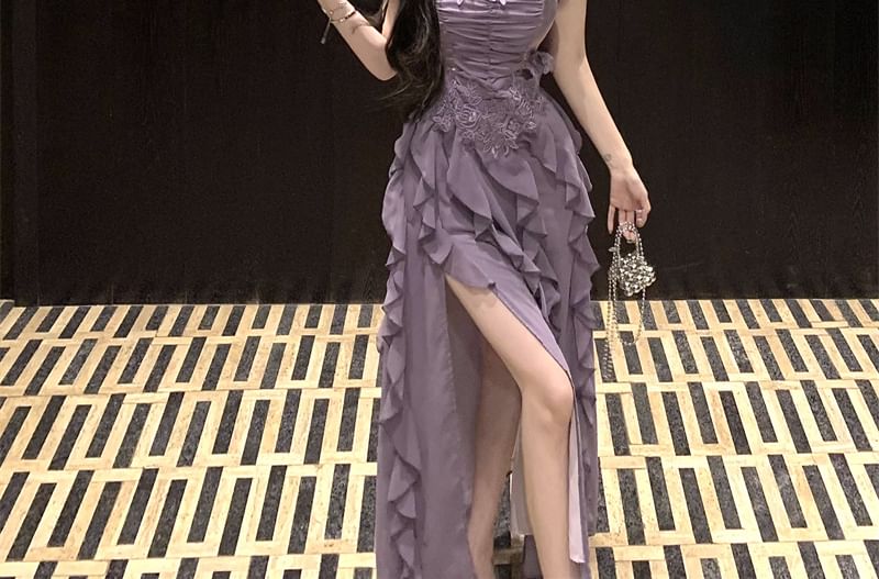 Ruffle Plain Lace Strap Slit Ruched Maxi A-Line Panel Spaghetti Dress