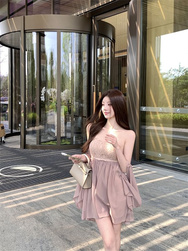 / Strapless Shawl Plain Dress Accent Lace Panel Mini Bow A-Line