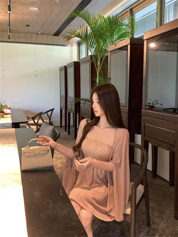 / Strapless Shawl Plain Dress Accent Lace Panel Mini Bow A-Line