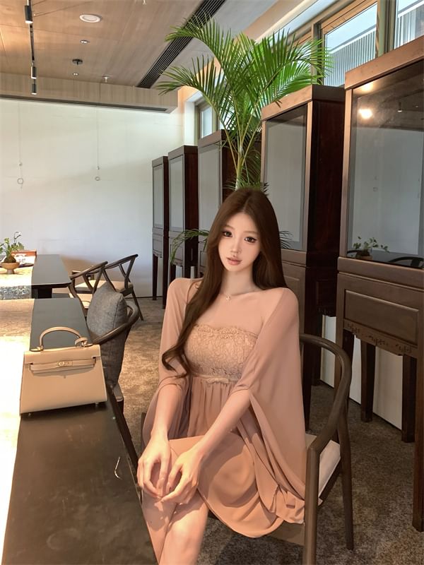 / Strapless Shawl Plain Dress Accent Lace Panel Mini Bow A-Line