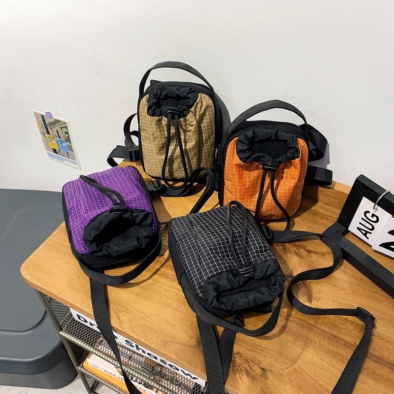 Crossbody Bag Phone Nylon Drawstring Mobile Plaid