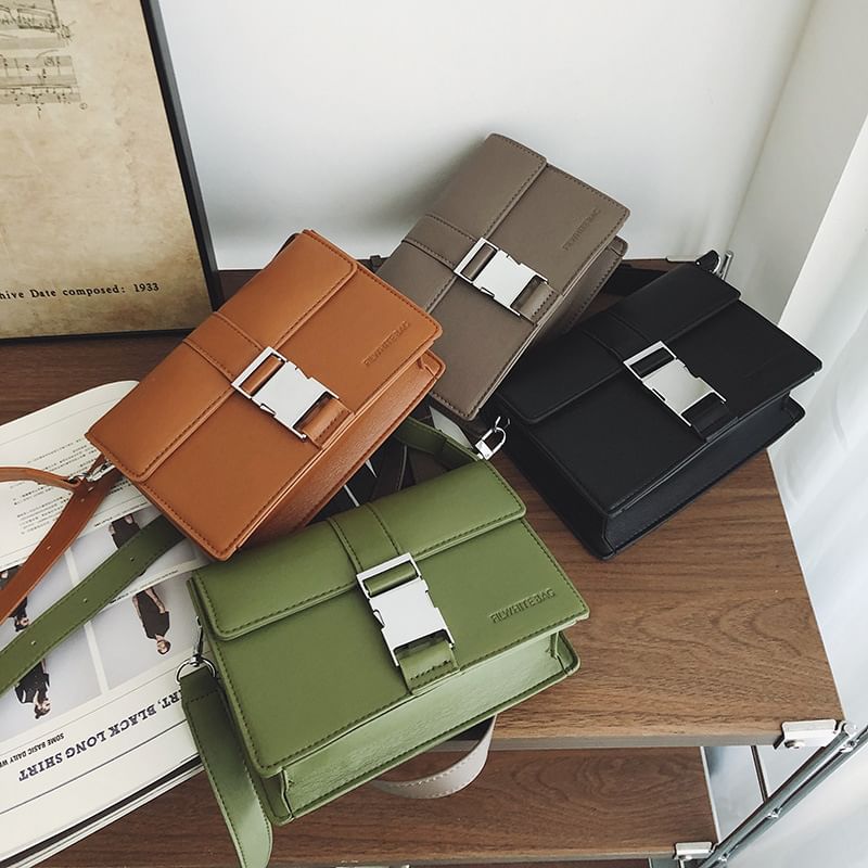 Plain Leather Bag Flap Buckled Crossbody Faux