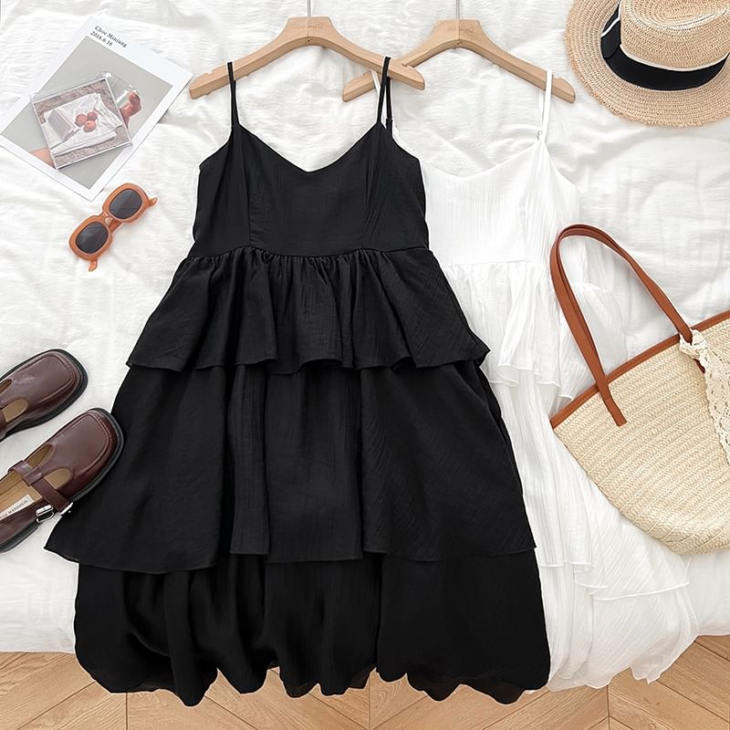 Ruffle Tiered Midi A-Line Dress with V-Neck and Thin Straps