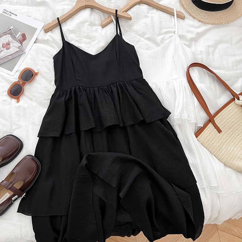 Ruffle Tiered Midi A-Line Dress with V-Neck and Thin Straps