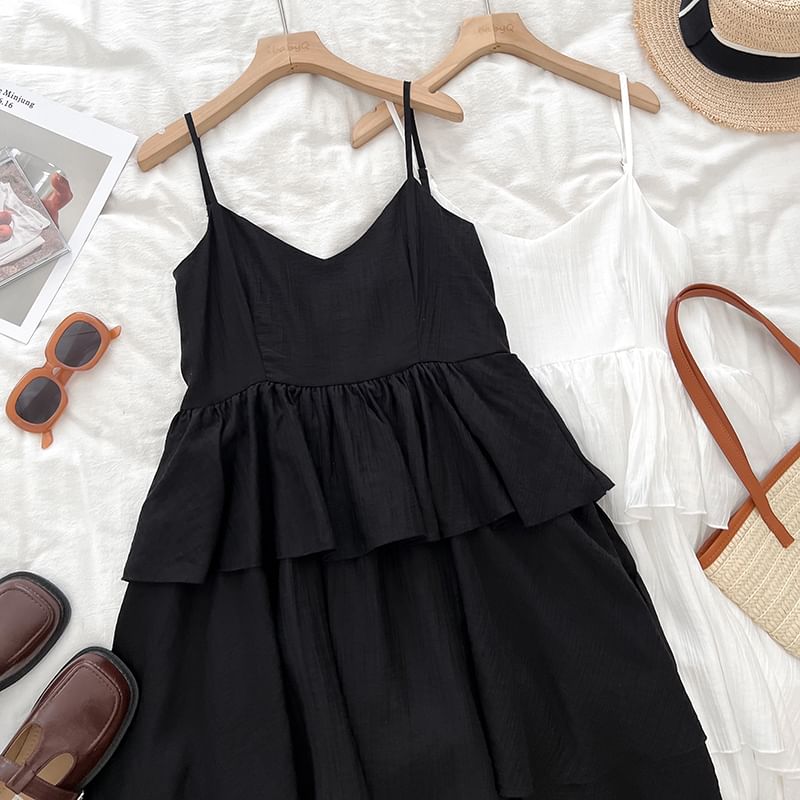 Ruffle Tiered Midi A-Line Dress with V-Neck and Thin Straps