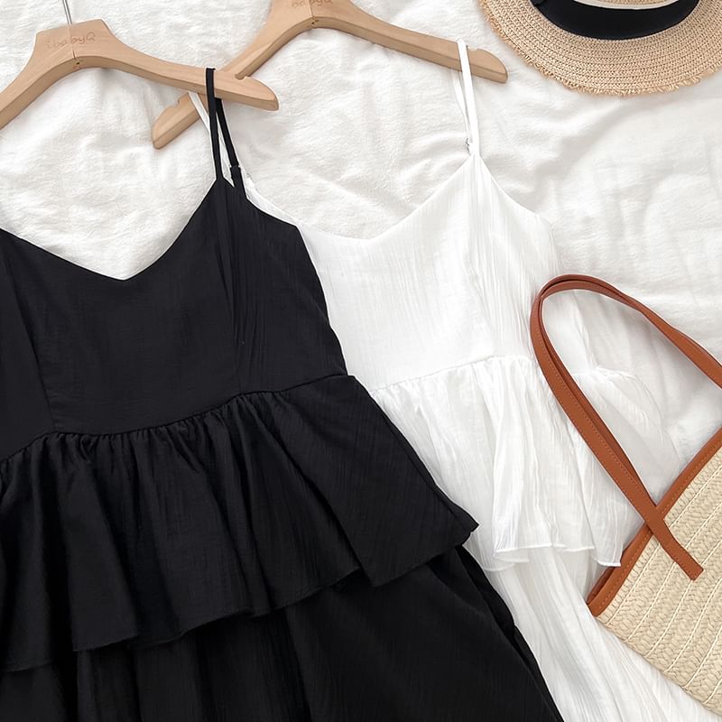 Ruffle Tiered Midi A-Line Dress with V-Neck and Thin Straps