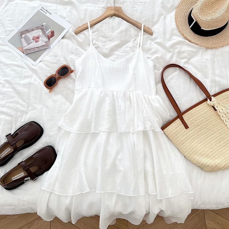 Ruffle Tiered Midi A-Line Dress with V-Neck and Thin Straps