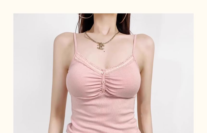 Ruched Lace-Trimmed V-Neck Crop Cami - LaceLux