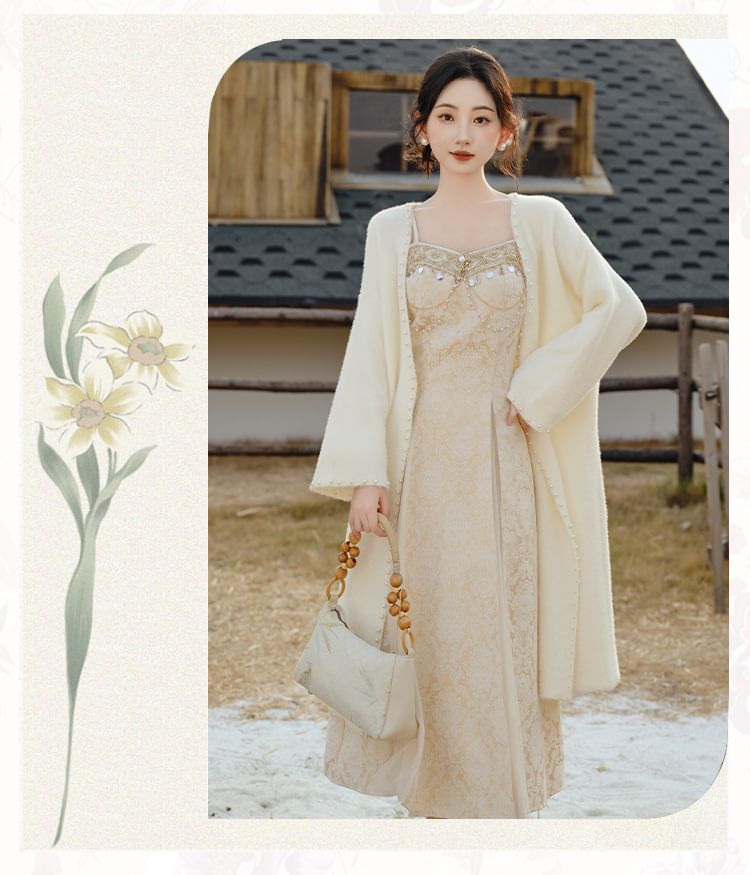Jacquard Fringed Midi A-Line Dress with Faux Pearl Cardigan Set