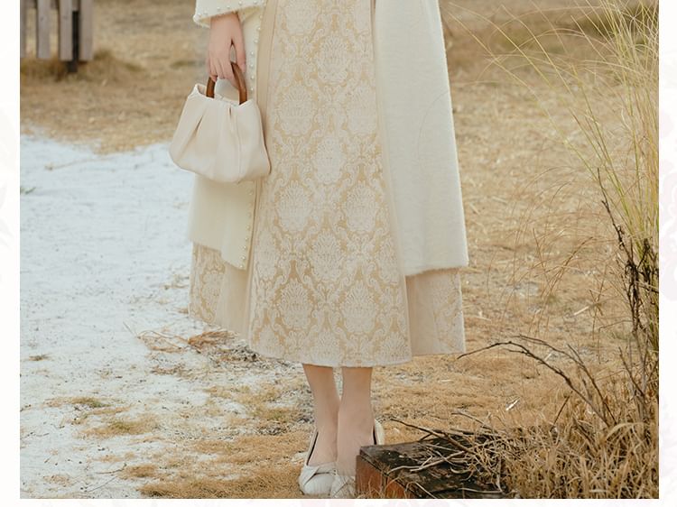 Jacquard Fringed Midi A-Line Dress with Faux Pearl Cardigan Set