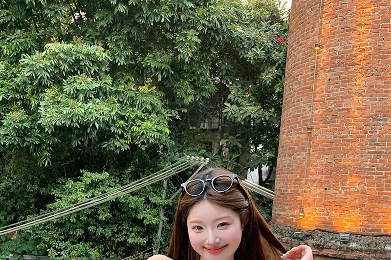 Peplum Puff-Sleeve Plain Back Open Halter Bow Top / Blouse